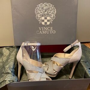 Vince Camuto Taupe Crisscross Stiletto Sandals